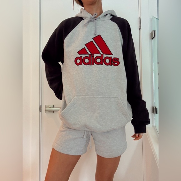 Vintage Adidas colour block red, grey & black Hoodie- L - Picture 1 of 1